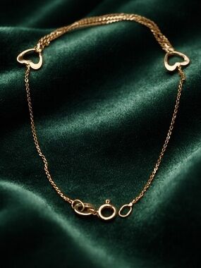 14K Solid Gold Heart Bracelet 7” Dainty Double Heart Chain Italy FARO